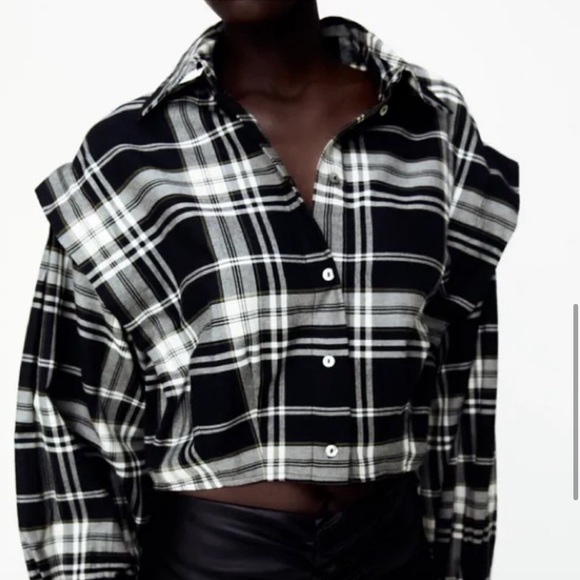 NWT Zara Cropped Plaid Flannel Shirt Crop Top Oversized Button Up Long Sleeve L - Picture 3 of 13